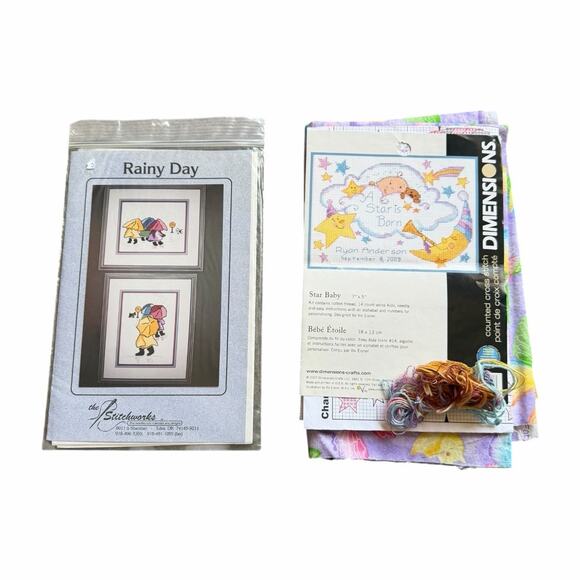 Stitchworks And Dimensions Other - Vintage Cross Stitch Pattern & Kit Bundle Rainy Day Stitchworks Dimensions